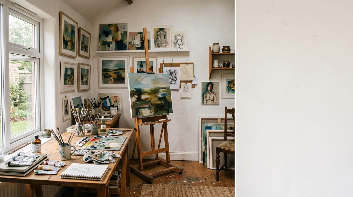 A bright studio space with artwork on walls and work surfaces, natural daylight coming through windows.